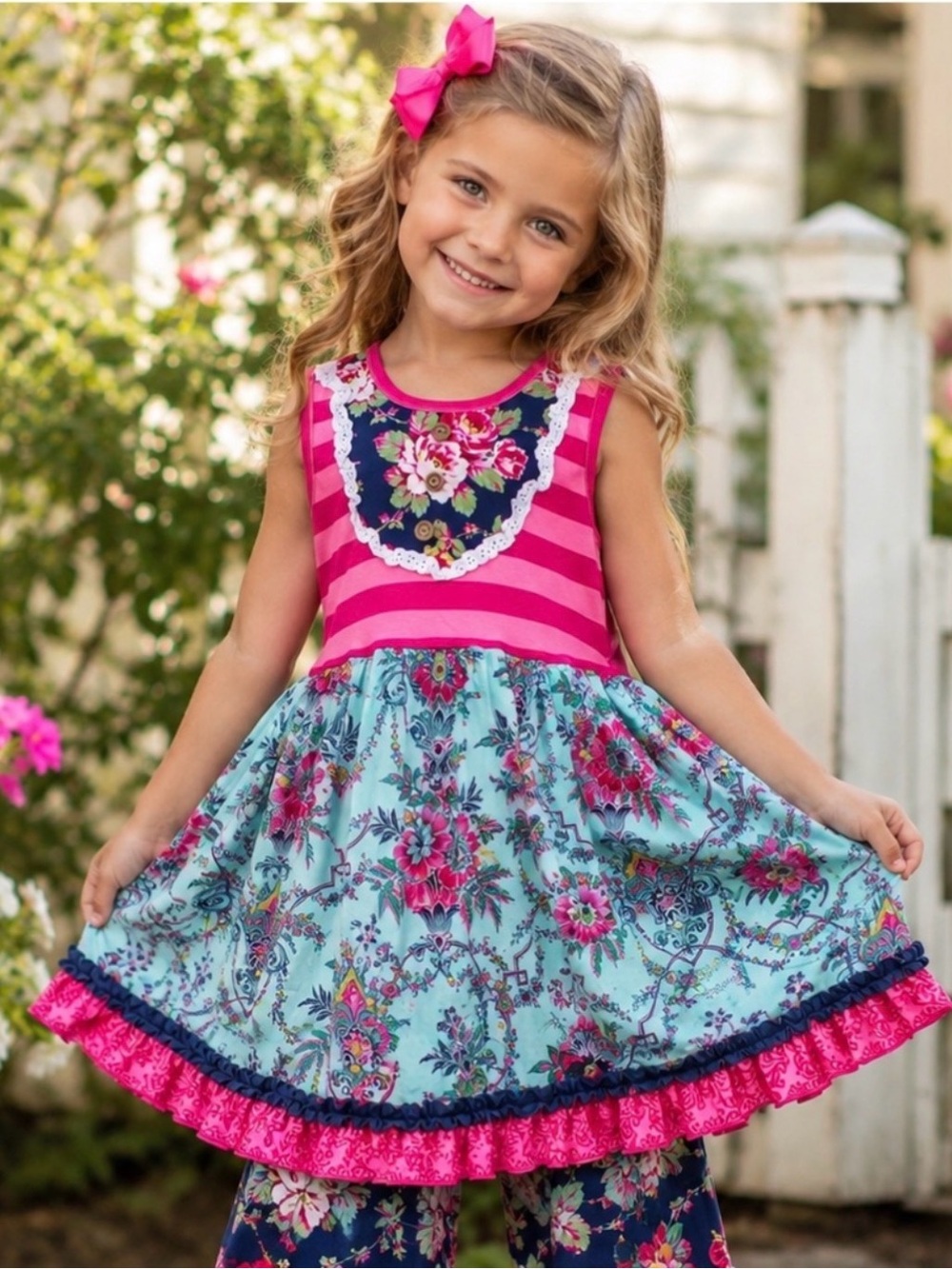 🎼giggle moon size 7 Pink & Aqua Floral Tiered Dress sleeveless GUC